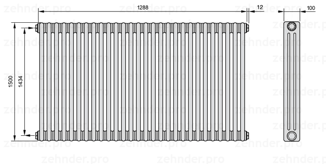 Схема (чертеж) Радиатор Zehnder Charleston 3150/28 №1270 Белый глянцевый RAL 9016